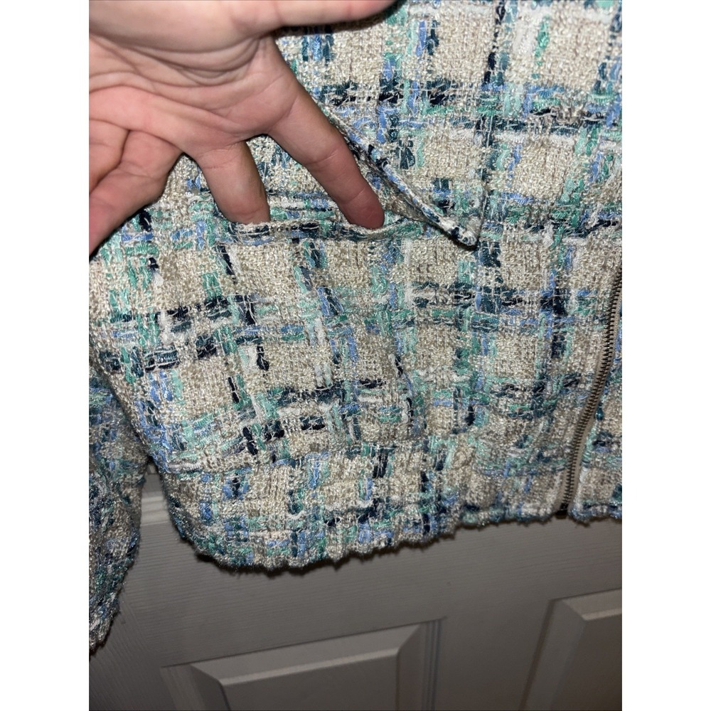 NWT Boston Proper XL Tweed Zip Bomber Lady Jacket Blue Green Cream Pockets - Picture 9 of 16